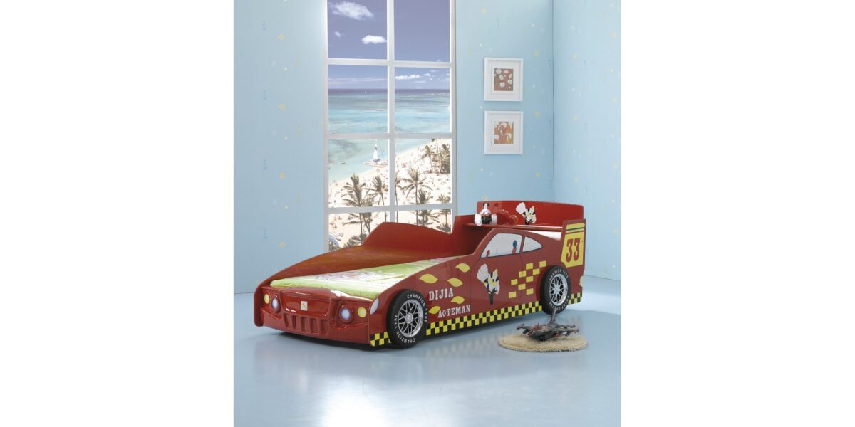 "Vibrant red car bed designed for kids, featuring sleek lines, realistic car details, and a comfortable sleeping space. This playful and eye-catching bed is sure to rev up the excitement in any child's bedroom, creating a fun and adventurous atmosphere."