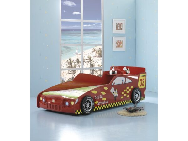 "Vibrant red car bed designed for kids, featuring sleek lines, realistic car details, and a comfortable sleeping space. This playful and eye-catching bed is sure to rev up the excitement in any child's bedroom, creating a fun and adventurous atmosphere."