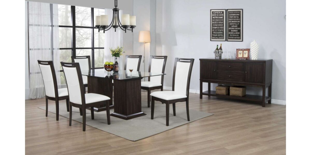 Elevate your dining space with our modern glass table featuring wooden pedestals. Paired with sleek white fabric chairs, this ensemble blends contemporary design with timeless elegance for a stylish dining experience.