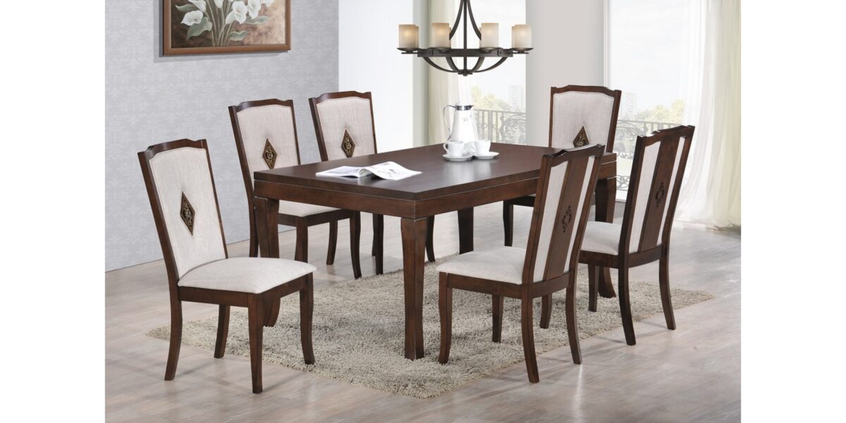 Contemporary dining set with a modern kitchen table set and chairs. Solid wood construction in a light wood finish. The chairs feature light beige fabric, combining style and comfort for your dining space.