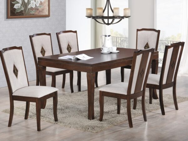 Contemporary dining set with a modern kitchen table set and chairs. Solid wood construction in a light wood finish. The chairs feature light beige fabric, combining style and comfort for your dining space.