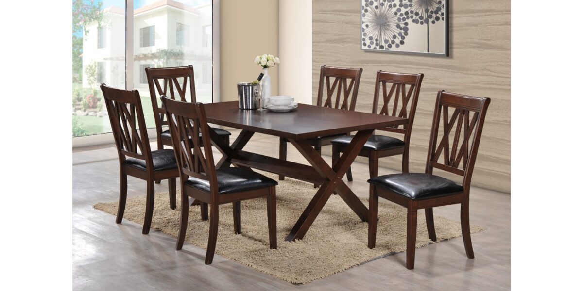 WALNUT WOODEN TABLE WITH WOODEN CHAIRS THAT HAVE BLACK CUSHIONS