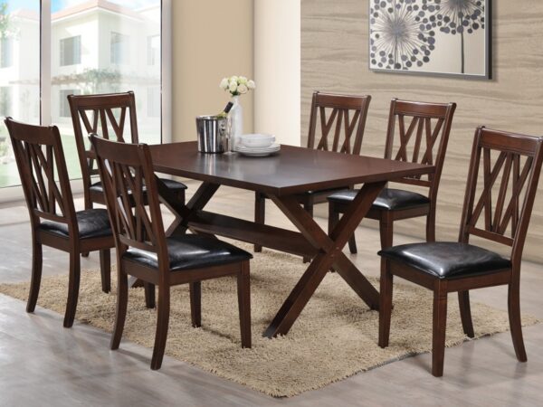 WALNUT WOODEN TABLE WITH WOODEN CHAIRS THAT HAVE BLACK CUSHIONS