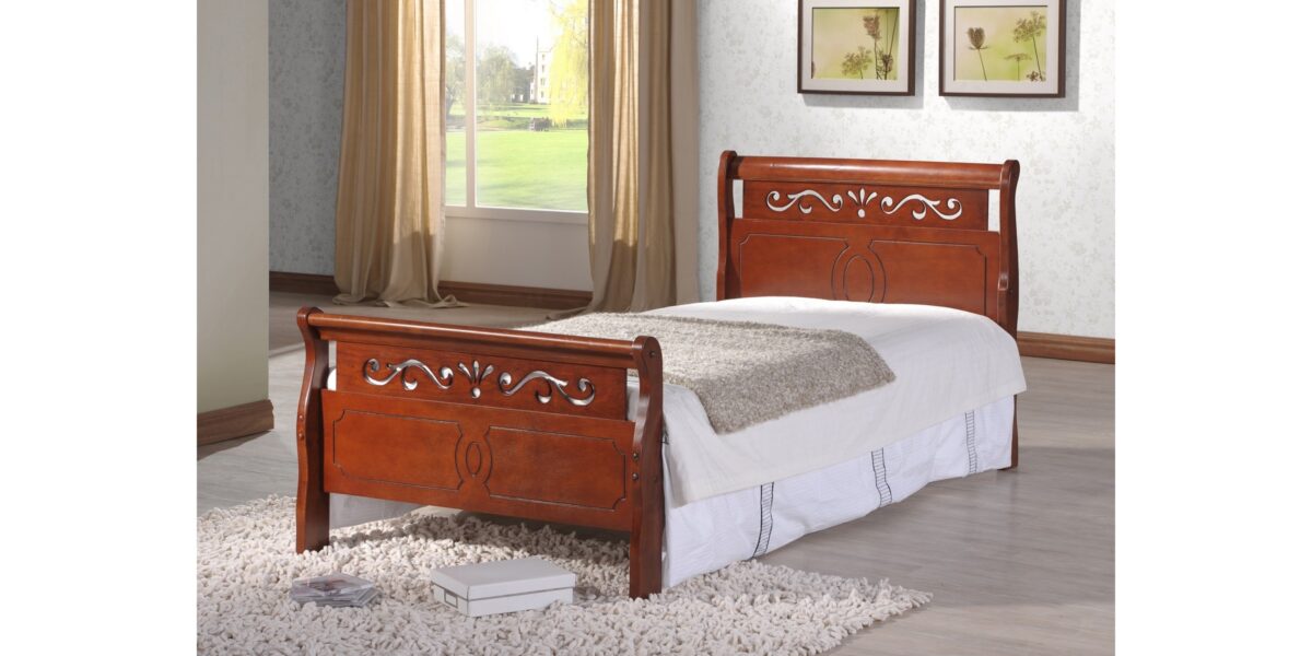 Cherry wood single bed with timeless wave design in the headboard. Budget-friendly and includes a 10-inch mattress. Ideal for a stylish and affordable bedroom setup