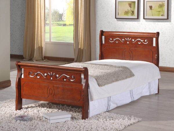 Cherry wood single bed with timeless wave design in the headboard. Budget-friendly and includes a 10-inch mattress. Ideal for a stylish and affordable bedroom setup