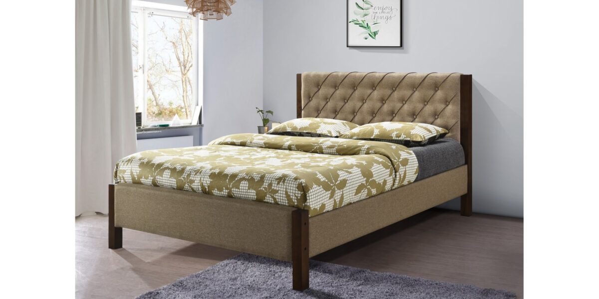 "Stylish wood bed featuring beige fabric accents on the headboard, sides, and rails. The neutral and versatile beige color complements the modern design, adding a touch of sophistication to your bedroom decor."