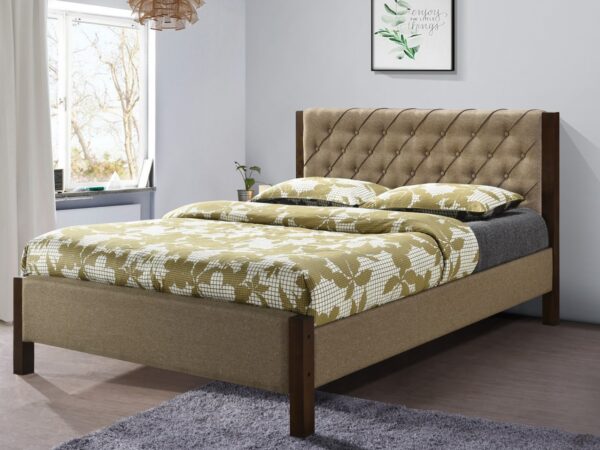 "Stylish wood bed featuring beige fabric accents on the headboard, sides, and rails. The neutral and versatile beige color complements the modern design, adding a touch of sophistication to your bedroom decor."