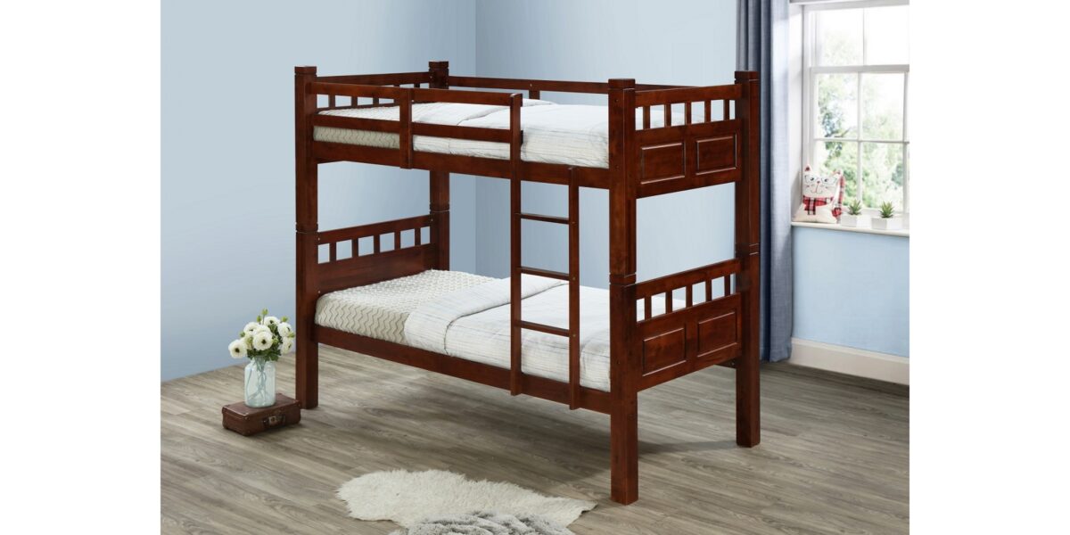 "Space-saving and sturdy single-sized wood bunk beds for kids, providing a modern and practical sleeping solution in a child's bedroom. Ideal for siblings or shared spaces, with a stylish and kid-friendly design."