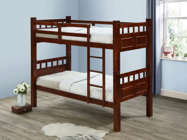 "Space-saving and sturdy single-sized wood bunk beds for kids, providing a modern and practical sleeping solution in a child's bedroom. Ideal for siblings or shared spaces, with a stylish and kid-friendly design."