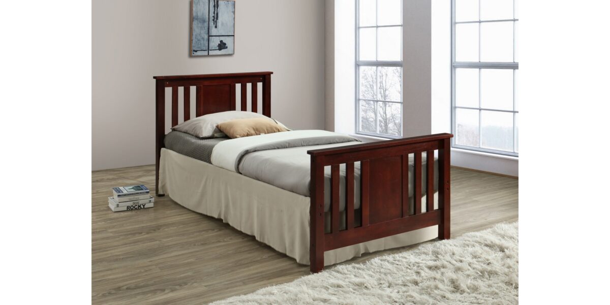 "Red-brown wood bed in single, double, and queen sizes, featuring a simple design with vertical spaces in the headboard and footboard. A timeless and versatile addition to any bedroom, combining elegance with minimalist aesthetics."