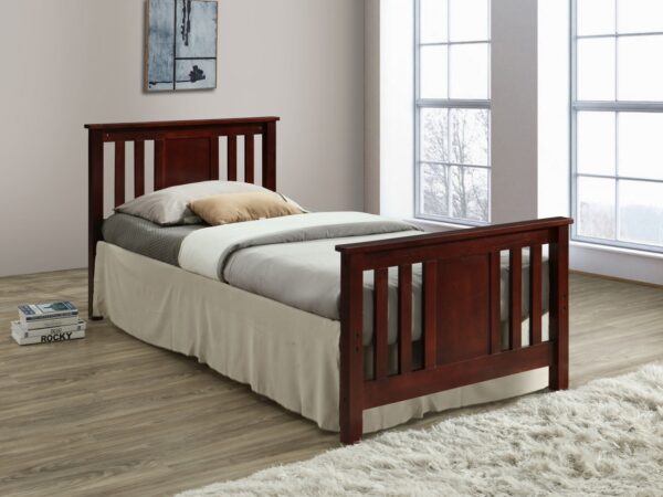 "Red-brown wood bed in single, double, and queen sizes, featuring a simple design with vertical spaces in the headboard and footboard. A timeless and versatile addition to any bedroom, combining elegance with minimalist aesthetics."