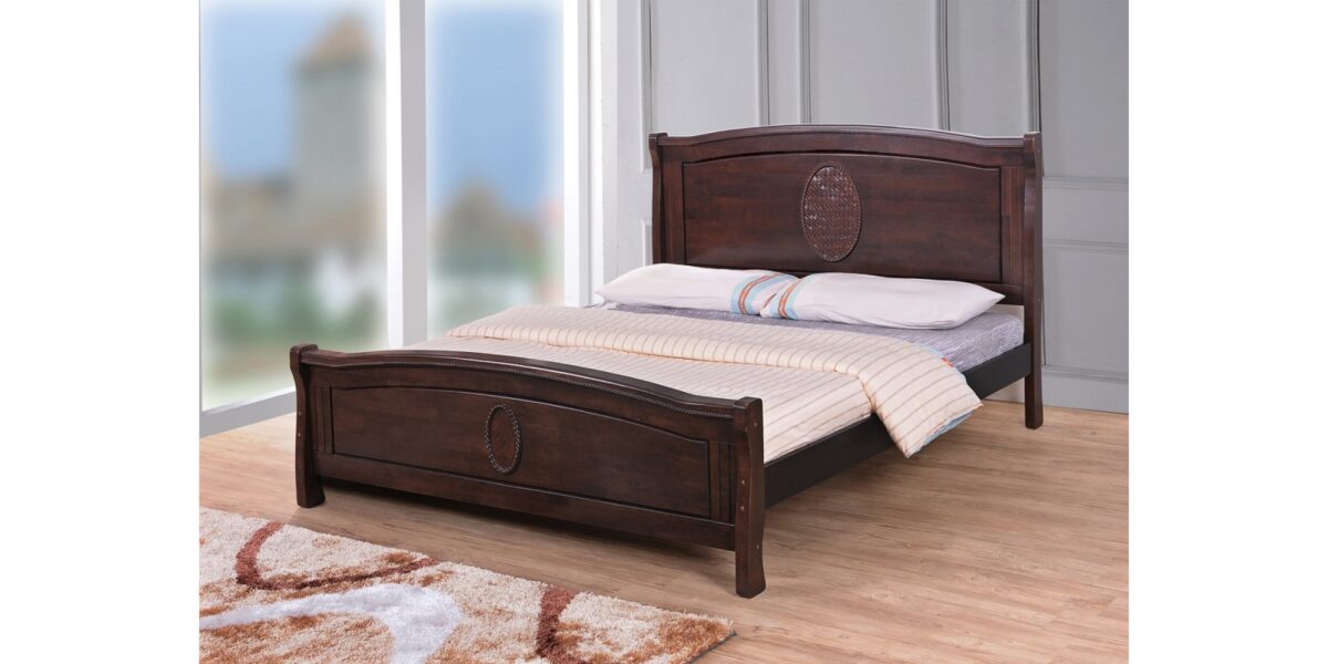 "Double-sized wooden bed with a vertical oval pattern on the headboard and footboard, designed to suit both kids and adults. The elegant detailing adds a touch of sophistication to any bedroom decor while offering versatility for different age groups."