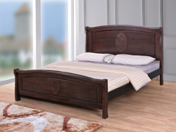 "Double-sized wooden bed with a vertical oval pattern on the headboard and footboard, designed to suit both kids and adults. The elegant detailing adds a touch of sophistication to any bedroom decor while offering versatility for different age groups."