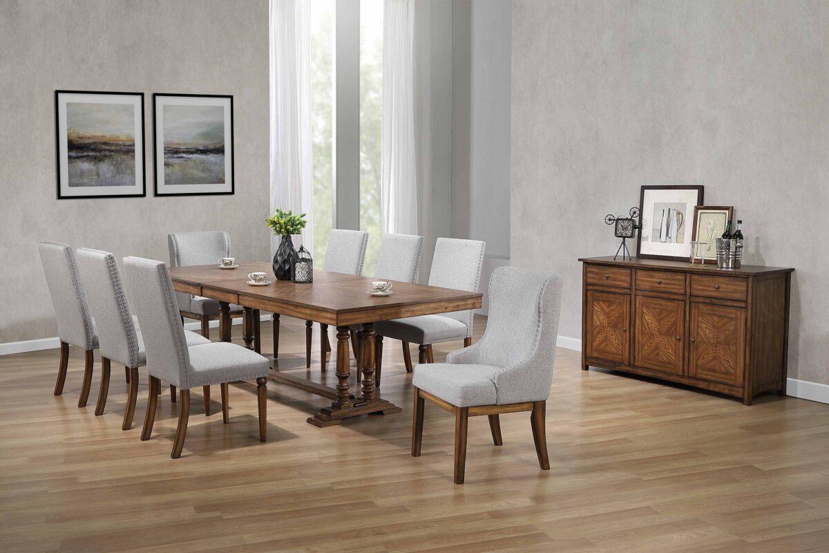 MODERN WOODEN TABLE WITH FABRIC CHAIRS