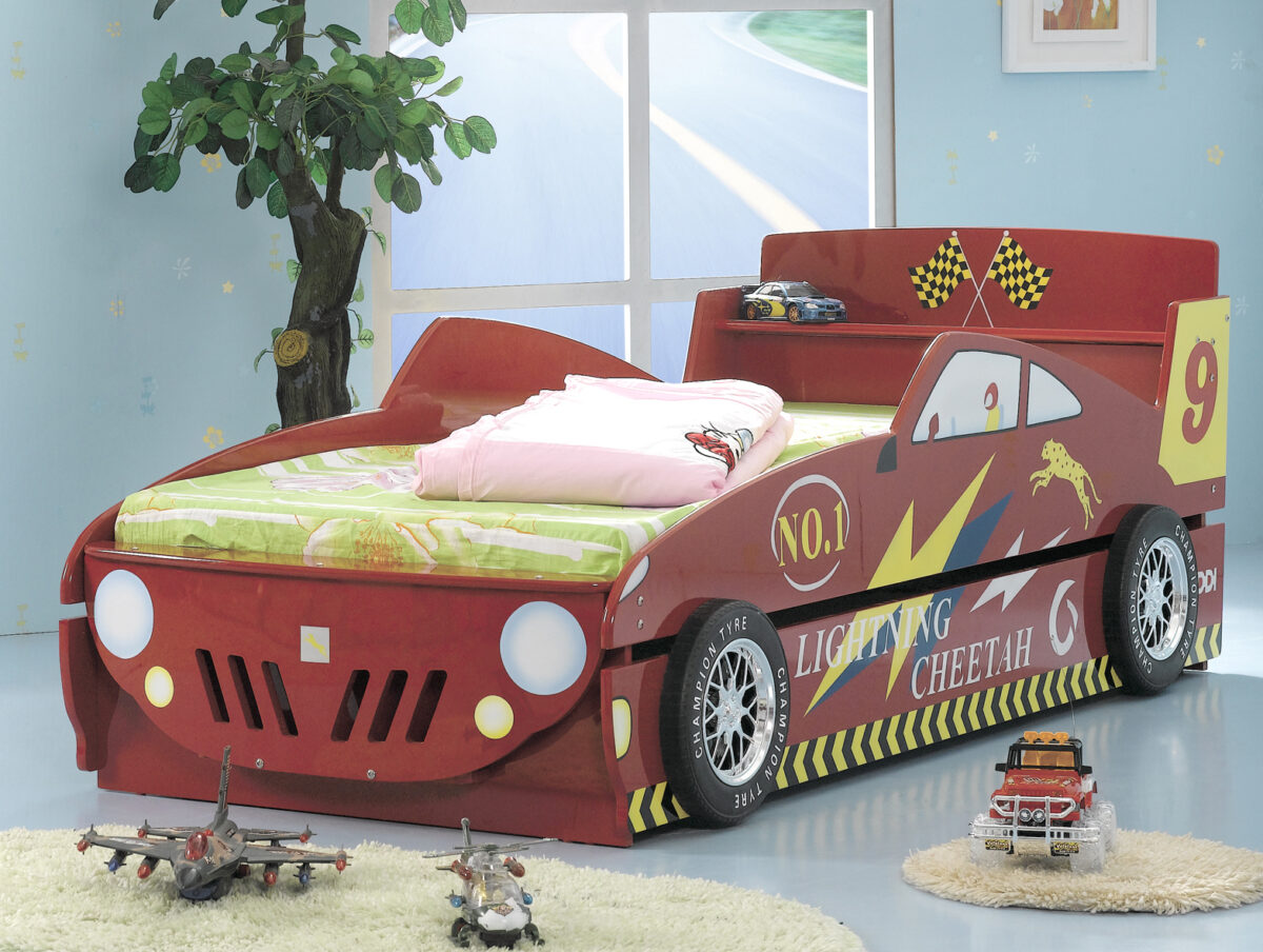 "Captivating red car bed with trundle designed for kids, featuring a sleek racing theme and vibrant design. Perfect for creating a fun and imaginative sleep space in any child's bedroom."