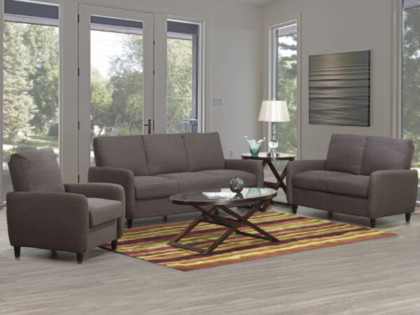 BROWN FABRIC THREE PIECE SOFA WITH WOOD LEGS