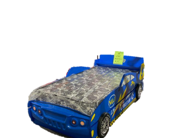 "Adorable blue car bed designed for kids, complete with realistic car details and a convenient trundle bed for sleepovers. This whimsical and functional piece adds a touch of excitement to any child's bedroom, providing a cozy and versatile space for both play and rest."