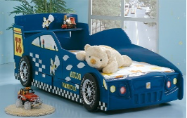 "Adorable blue car bed designed for kids, complete with realistic car details and a convenient trundle bed for sleepovers. This whimsical and functional piece adds a touch of excitement to any child's bedroom, providing a cozy and versatile space for both play and rest."